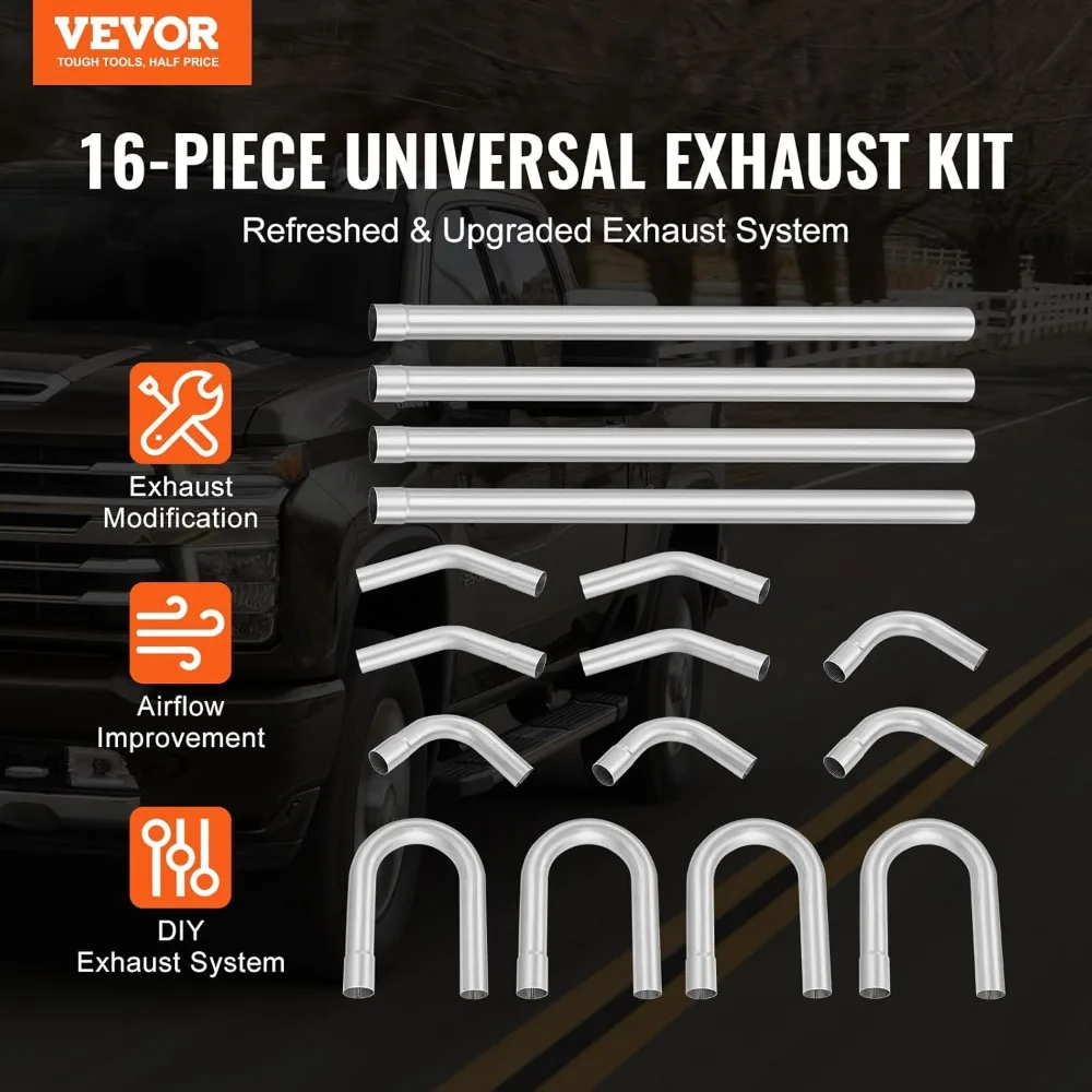 

Universal 2.5'' Exhaust Kit, 16pcs Galvanized Steel DIY Pipe Set with Slip-Fit Joints for Auto Repair
