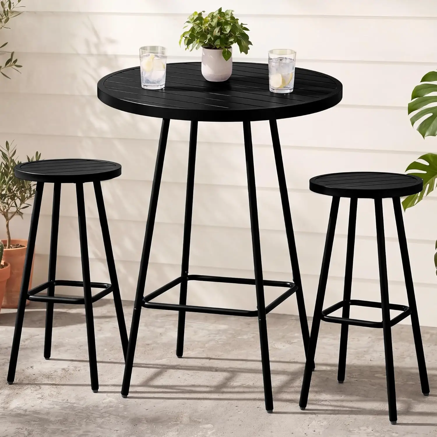 

3-Piece Patio Dining Set, Bar Height, Outdoor Bistro Set, Outdoor Round Bar Table w/ 2 Bar Stools, Steel - Black