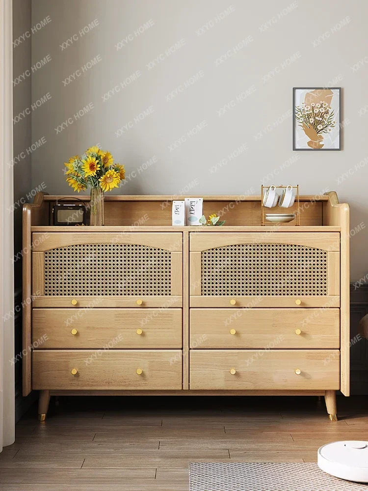 Nordic Solid Wood Chest of Drawers Rattan Tea Cabinet Living Room Wall Locker