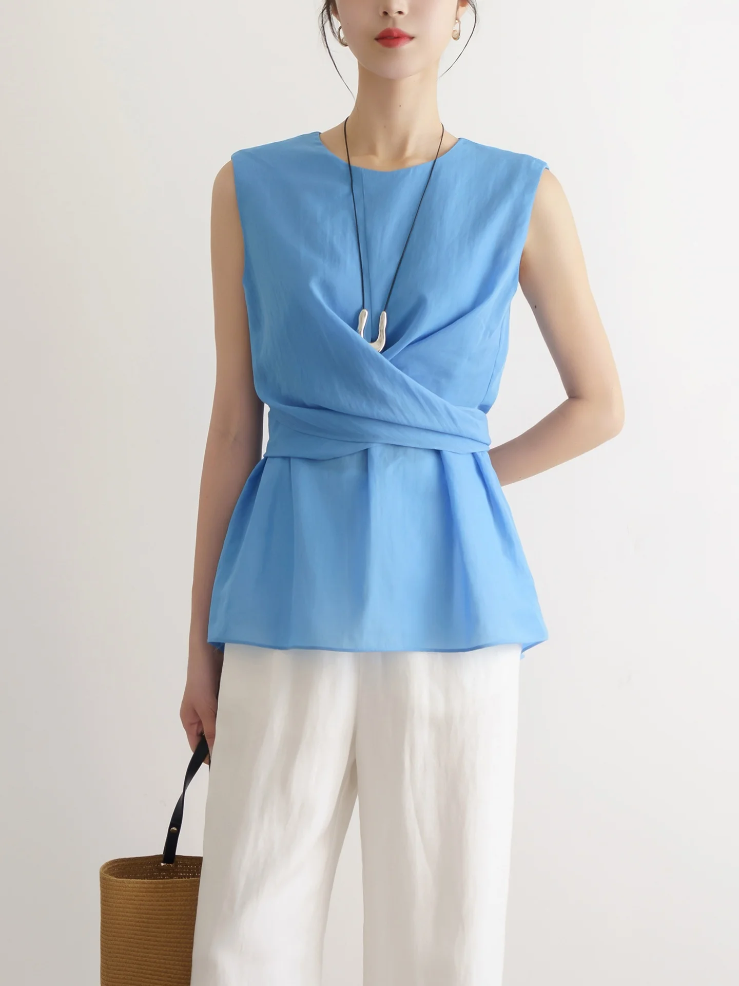 

Floradance Blue Slimming Belted Sleeveless Shirt Women's Spring Summer Fashionable Knot Tied Waist French Style Breathable