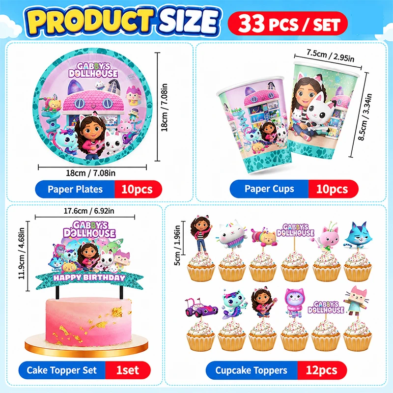 Pink Gabby Cartoon Movie Themed  Doll Paper Plate Cups Cake Flag Cupcake Combination for Celebrating Birthday Party Gifts - view 5