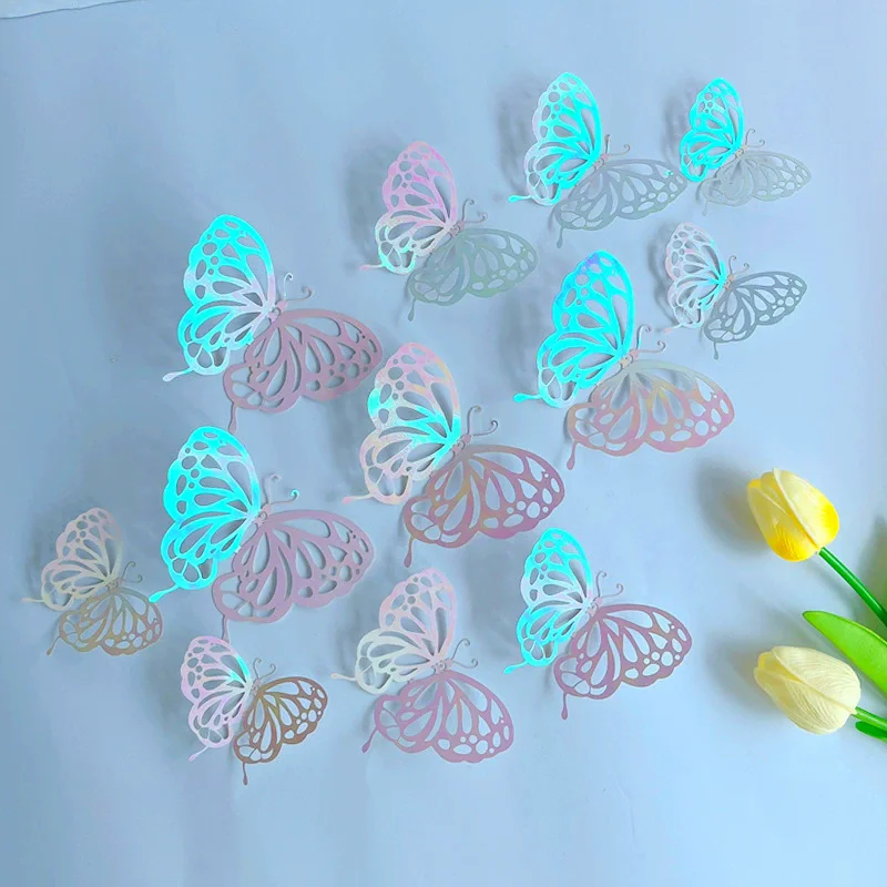 12PCS/Set 3D Texture Lines Hollow Butterfly Wall Pasted Polka Dot Dazzling Refrigerator Window Home Holiday Decoration Stickers