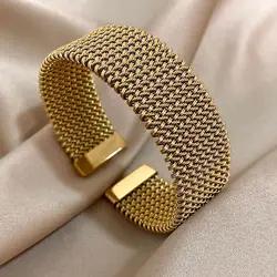 Chunky Braided Mesh Stainless Steel Cuff Bracelets Bangles Vintage Gold Silver Color Wide Open Bracelets Waterproof Jewelry