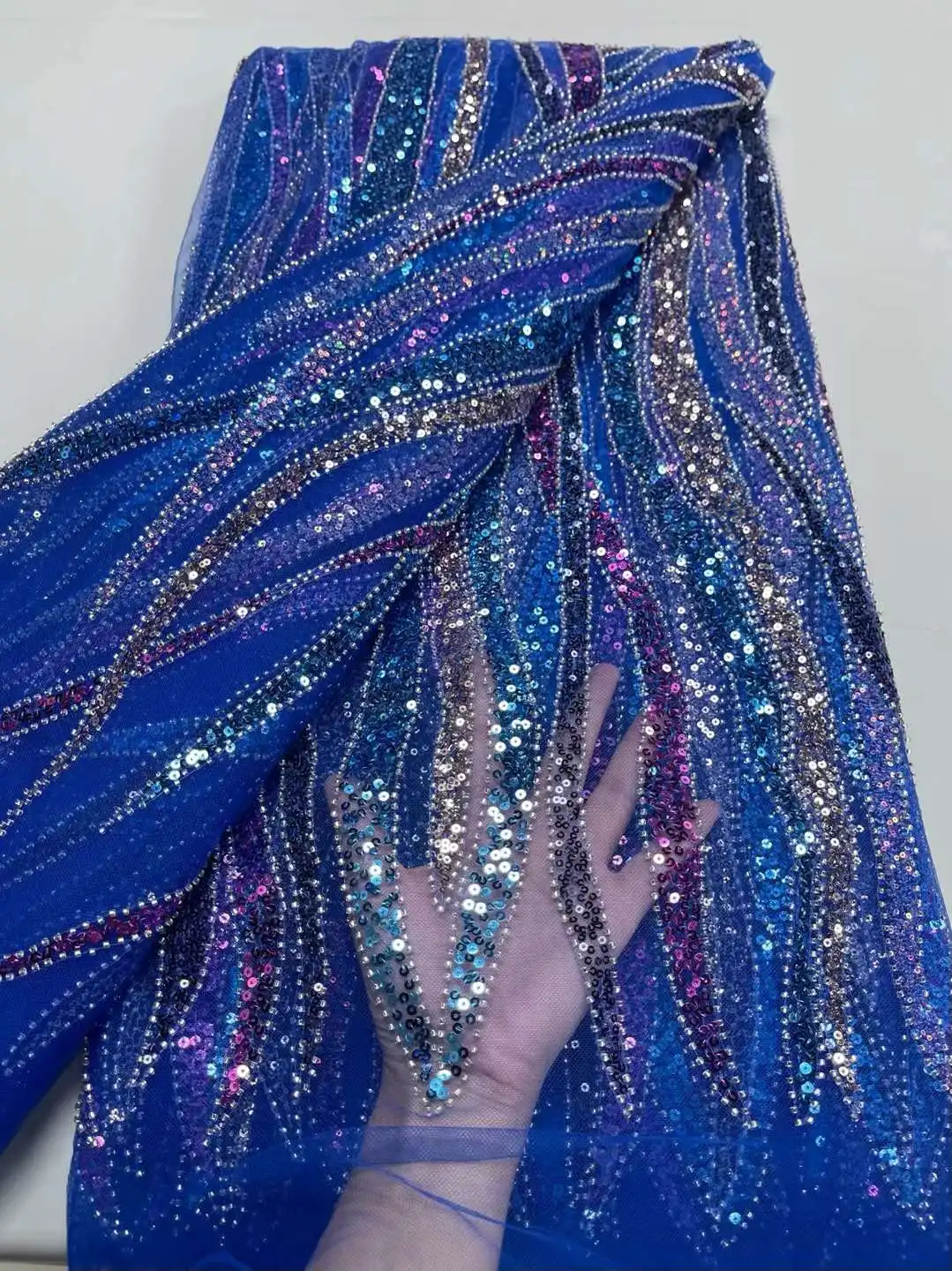 Royal Blue Color Sequins Beads High Material French Lace Fabric 5H-31202 Embroidered African Net Mesh For Lady Party Dress