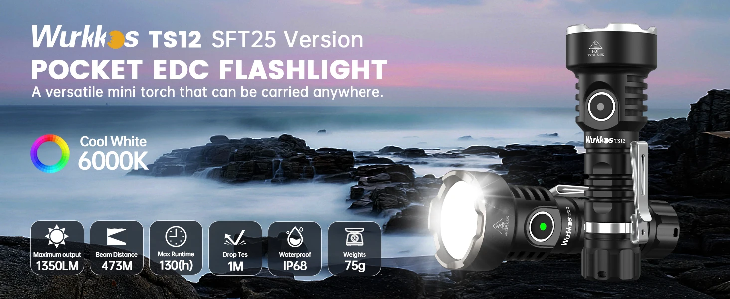 Wurkkos TS12 Mini Flashlight 14500 Rechargeable LED Flashlight 1050 Lumens SFT25R IP68 Waterproof Magnetic Tail Switch