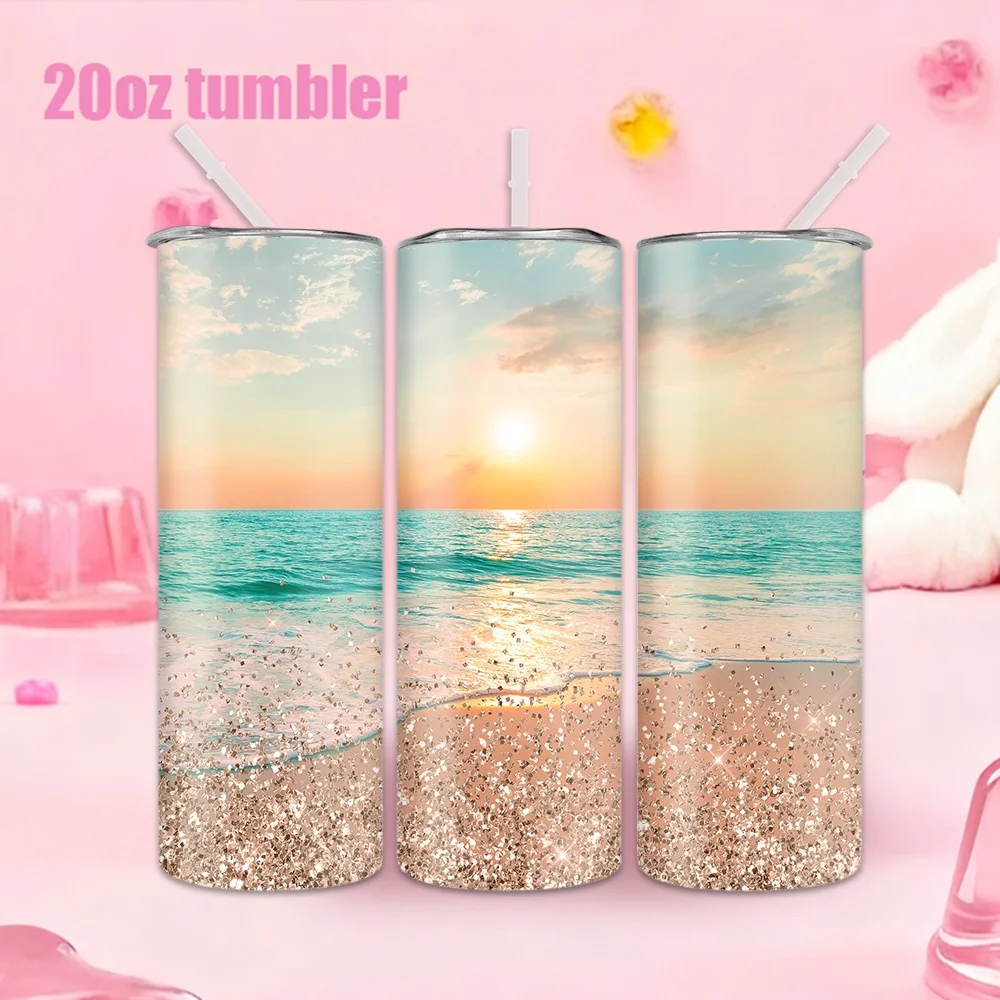 1 Stück 20oz Trinkflasche mit Strohhalm, isolierter Edelstahl-Wasserbecher mit Sonnenuntergang-Strand-Goldglitter-Muster.