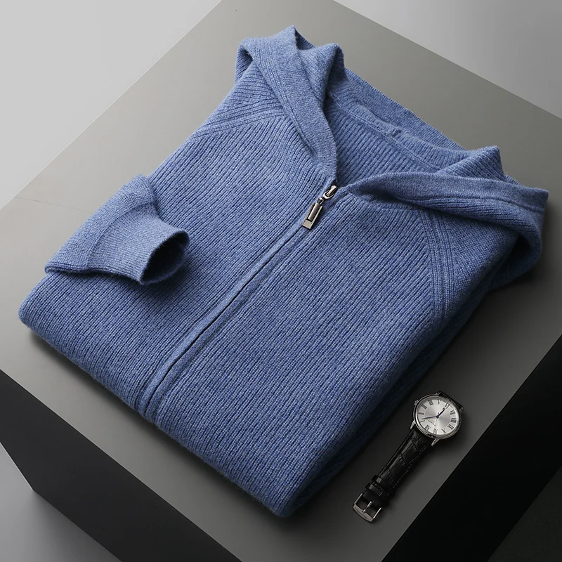 Autumn and winter new men\'s 100% merino wool hooded zipper cardigan knitted coat thick sweater casual plus size warm shirt