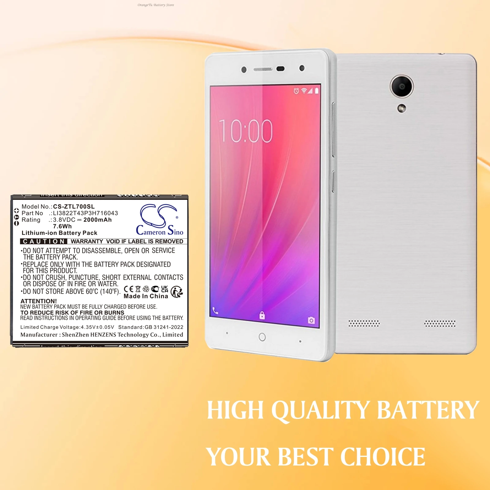 Cameron Sino 3.8V 2000mAh Mobile, SmartPhone Battery LI3822T43P3H716043 for ZTE Blade A30, Blade A320, Blade L7