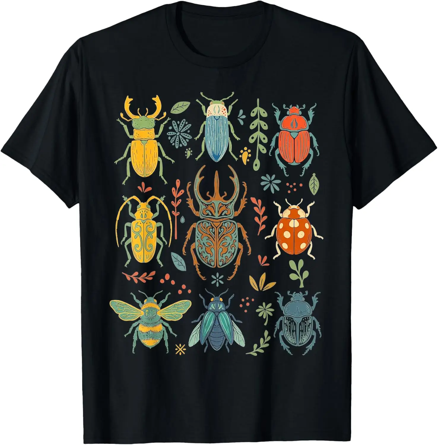 Vintage Beetle Collection Colorful Entomology Insect Art T-Shirt Men Women Unisex Novelty Graphic T‑Shirt, Classic Crew Neck 100% Cotton Tee, Lightweight Anti‑Pilling Breathable Casual Tops, Year‑Round Daily Outfit, Holiday Birthday Present Tee