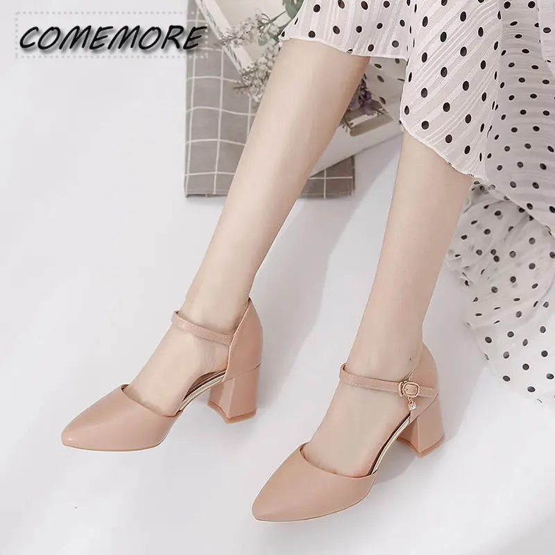 2023 Spring New Single Shoes Block Mid Heels Women\'s Pumps Ankle Strap Buckle Pointed Toe Footware for Office Lady Beige Apricot