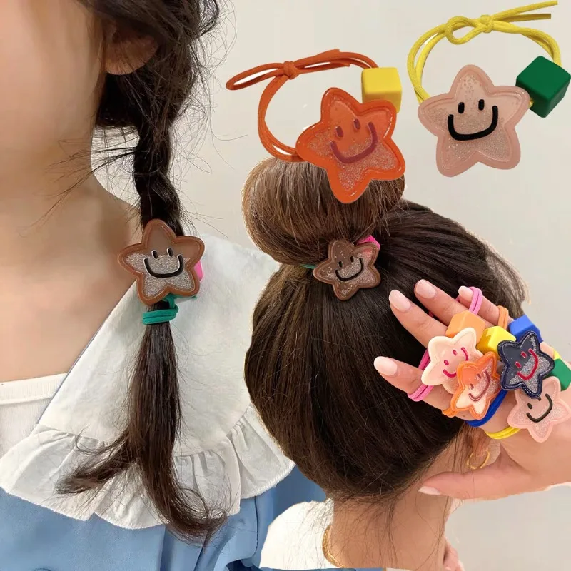 Colorful Smiling Face Star Elastic Hair Band for Girl Children Ponytail Hair Ties Hair Rubber Bands Fashion Headwear Accessory