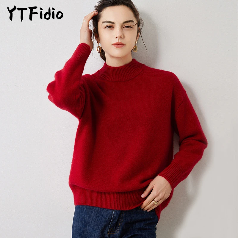 YTFidio 100% Cashmere Women Winter Half high collar Soft Warm Solid Knitwear Turtleneck Pullover Female Tops 13