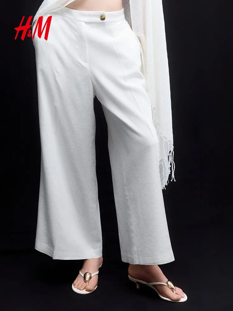 H&M Modne spodnie codzienne damskie z mieszanki włókien, lniane długie spodnie, dopasowane spodnie z prostymi nogawkami, letnia kolekcja