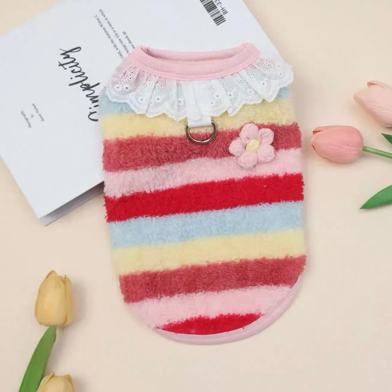 Pet Winter Wear Adorable Striped Dog Clothes Teddy Sweet Sweatshirt Bichon Frise Lace Pullover with Traction Buckle