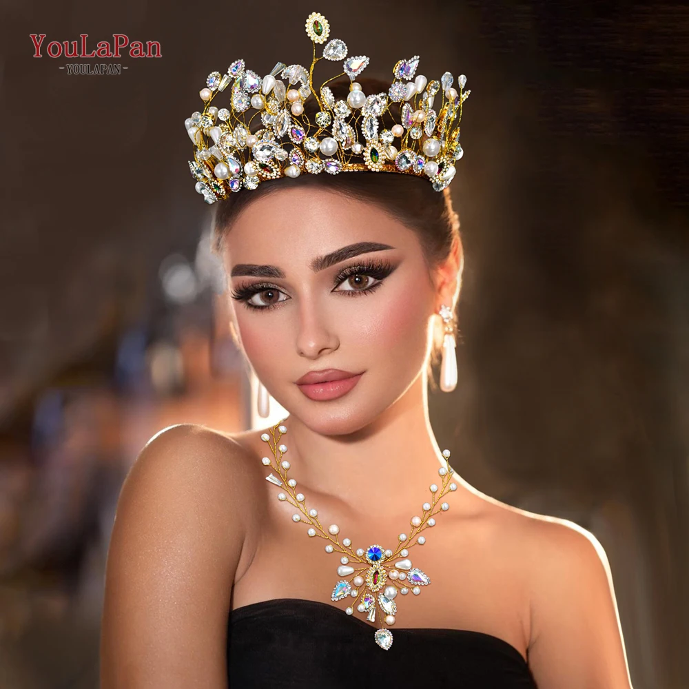 YouLaPan Colorful Rhinestone Crown Wedding Hair Accessories Gold Color Bride Headband Festive Hair Jewelry Headpieces HP844