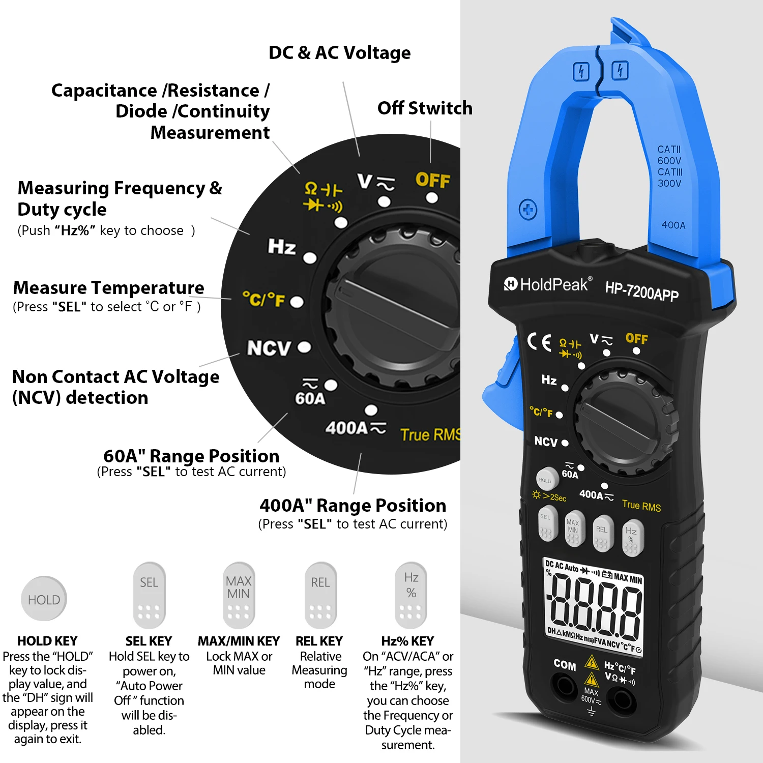 Imagem -03 - Holdpeak Medidor de Braçadeira Bluetooth sem Fio Alcance Automático 6000 Contagem Multímetro de Braçadeira Bluetooth dc ac True Rms Medidor de Campainha de Continuidade