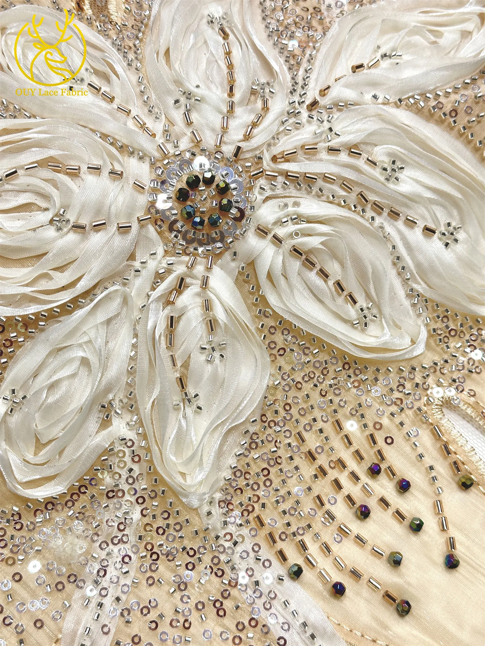 3D-Blumen-Tüll, afrikanischer Spitzenstoff, eleganter französischer nigerianischer Perlen-Pailletten-Mesh-Spitzenstoff für Damen, Hochzeitskleid-Design-Stoff – Detail 16