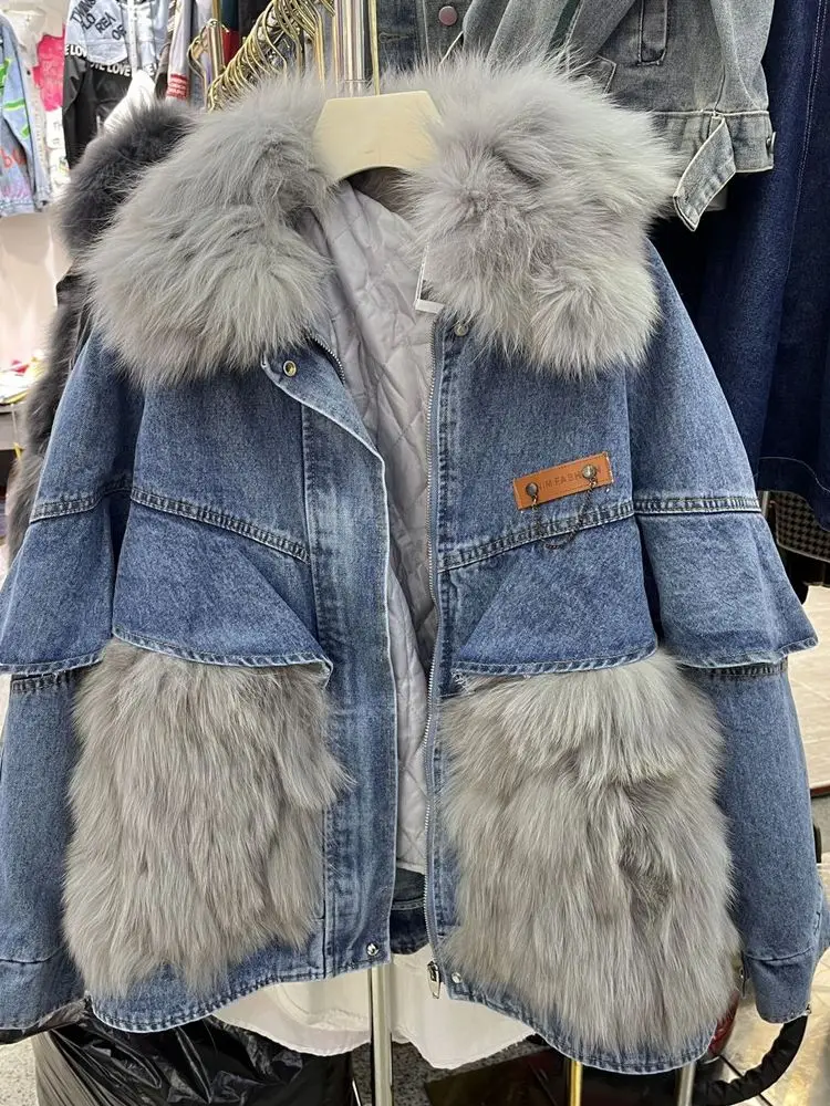 Fox Fur Denim Jacket for Women 2023 Winter New Mid length Fur Parka female real fur coat outerwear Y4330