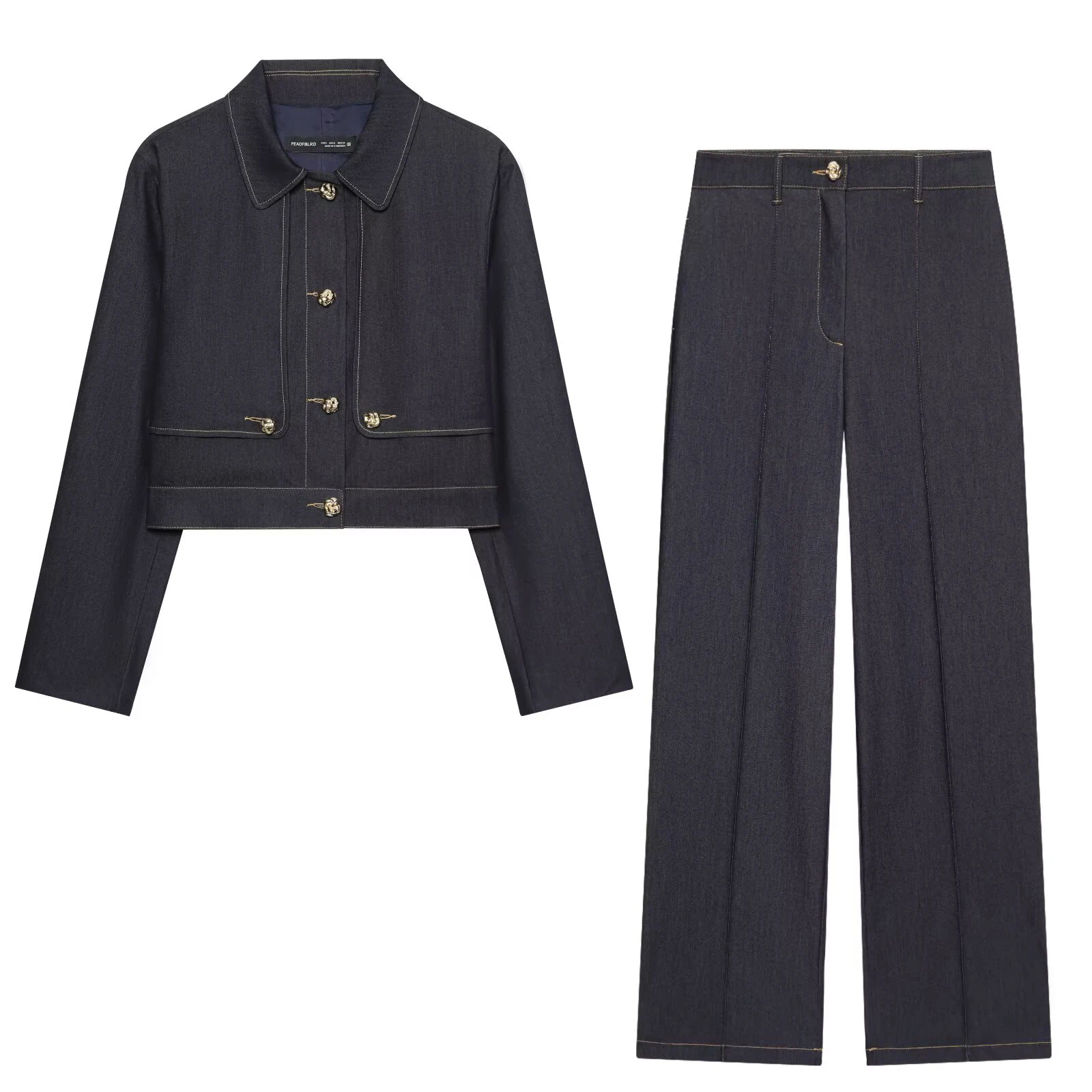 

Короткая куртка с длинными рукавами и контрастной строчкой, повседневный комплект брюк в рубчик с прямыми штанинами и высокой талией