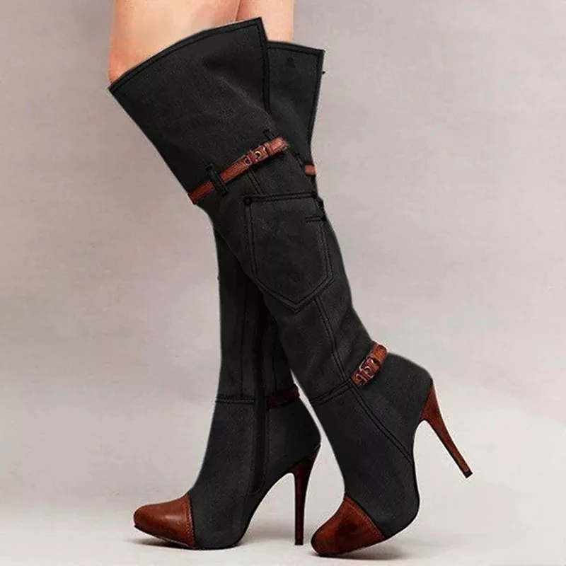 Botas Over The Knee Women Boots Autumn Winter Denim High Heels Ladies Shoes Sexy Buckle Strap Platform Long Boot Thigh High Boot