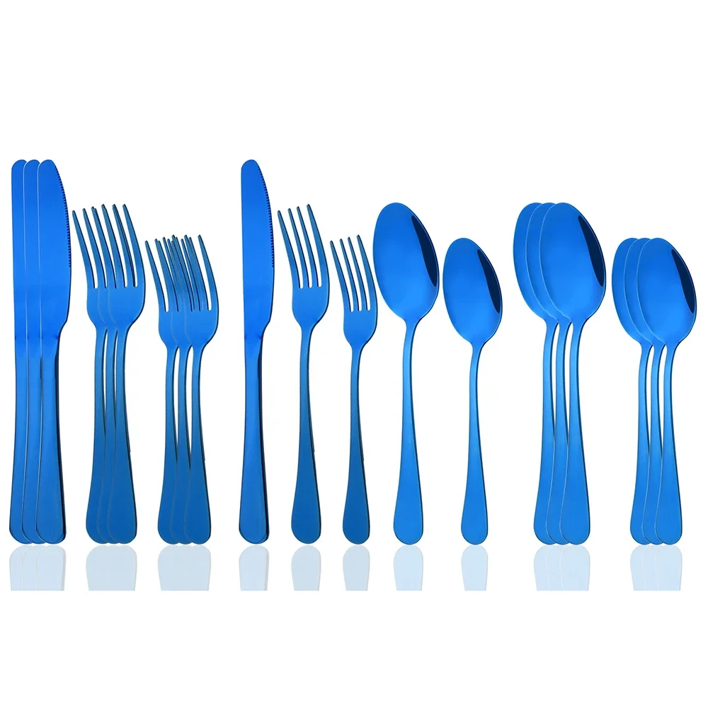 Blue 4People Dinnerware Stainless Steel Tableware Dessert Fork Spoon Knife Dinner Set Kitchen Mirror Cutlery Set Silverware