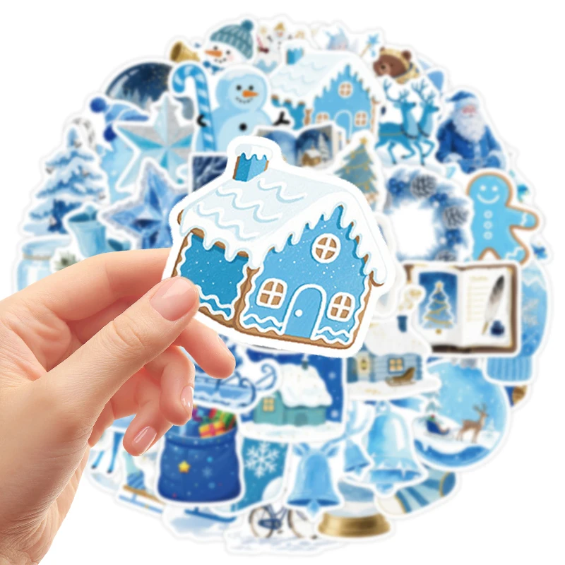 50PCS Blue Winter-Themed Stickers Bule Christmas Stickers Santa Claus Snowman Xmas Decals Vinyl Waterproof Sticker for Scrapbook