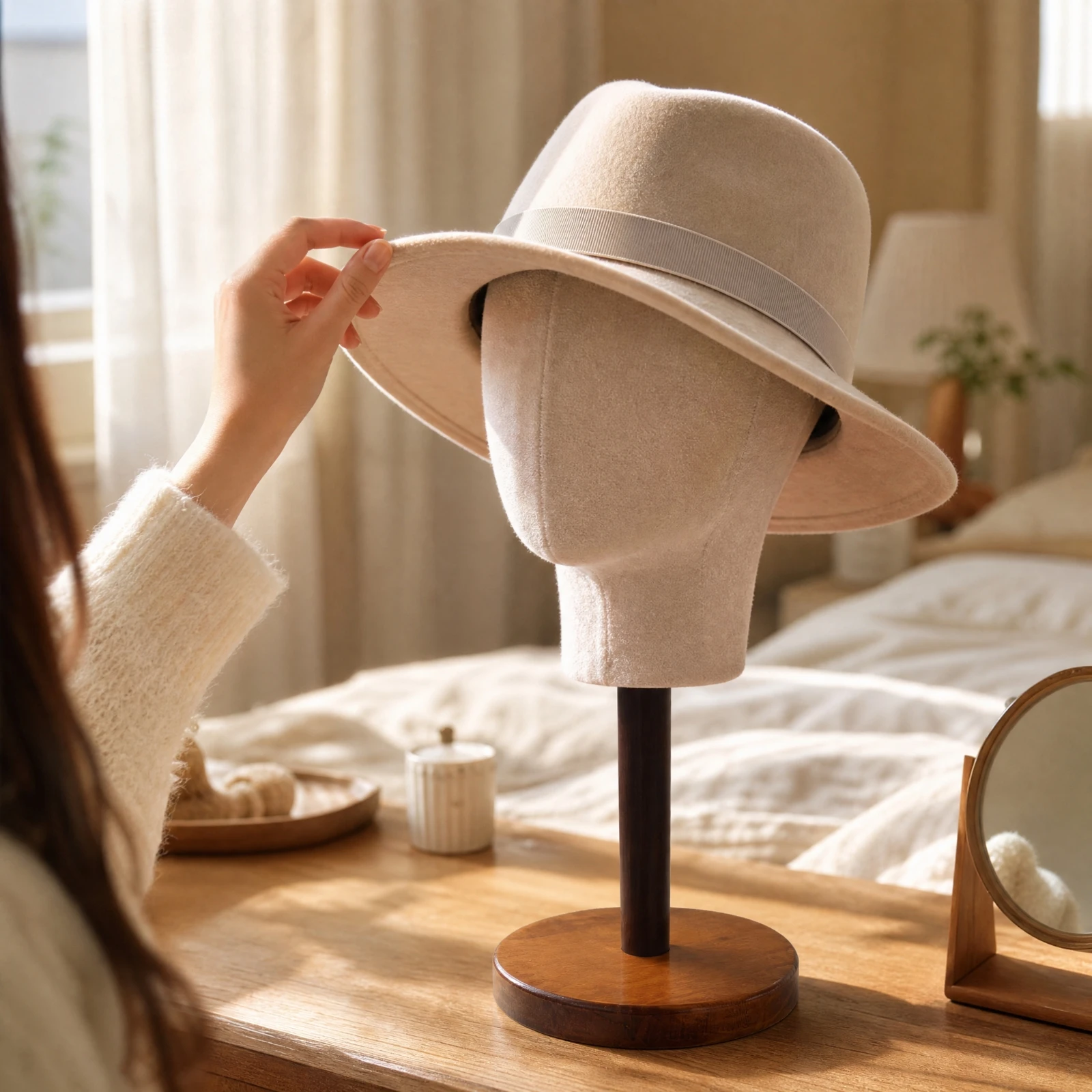 Headpiece Display Stand with Fabric Head Form Vintage-Style Freestanding Head-Form Display Stand All-Gender Stable
