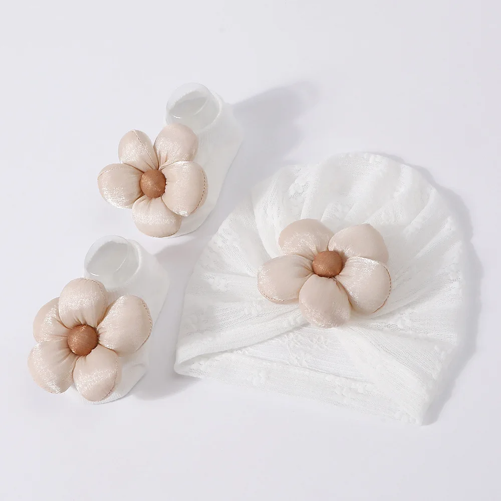 

3Pcs/Set Baby Hats Socks Set Big Flower Knot Girls Beanies Caps 0-12M Knitted Short Sock Infant Photography Props