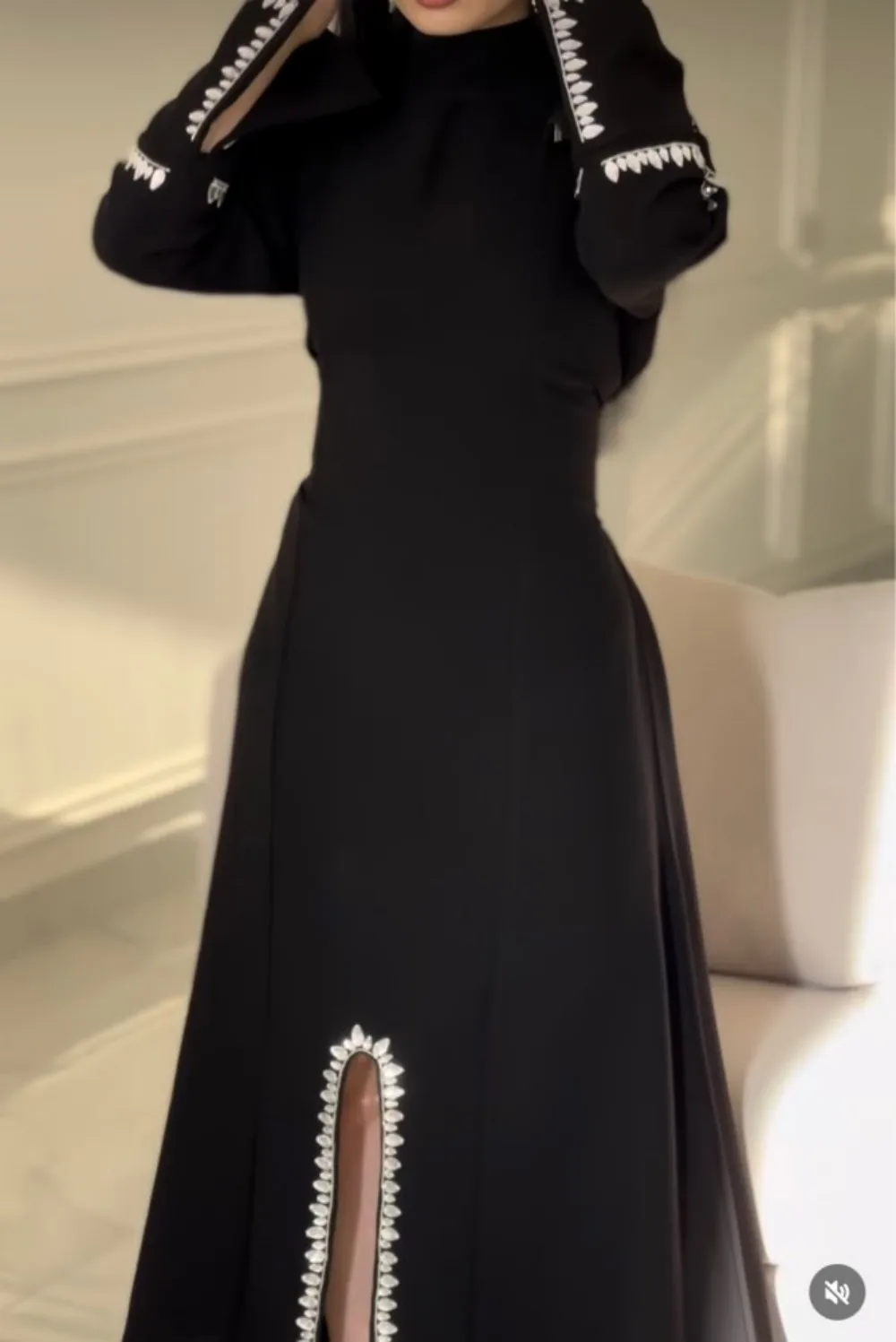 Fashionvane Black Front Slit Prom Dresses Saudi Arabia Women Wear High Collar Rhinestone Long Sleeves Evening Formal Gowns