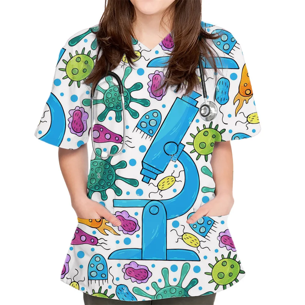 New Women Tops Bacteriogram Print Pharmacist Veterinary Nurse Fashion Slim Beauty Scrub Clothes Spa Medical Lab Medical Uniform