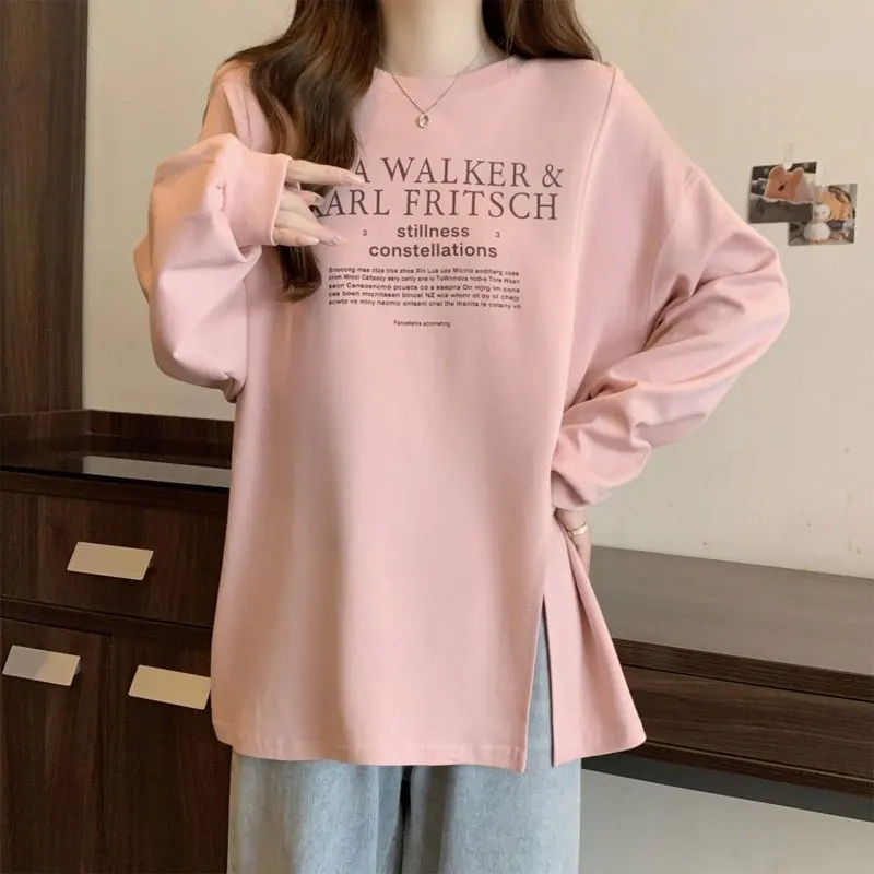 Female Clothing Letter Printed Sweatshirts Loose Spring Autumn Fashion Split Asymmetrical Casual Korean Long Sleeve Pullovers