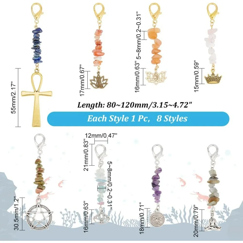 8pcs อัญมณีชิปจี้ Lobster Claw Clasps 8 รูปแบบ Lotus โยคะ Dangle จี้ Charms คริสตัลหินจี้โครเชต์