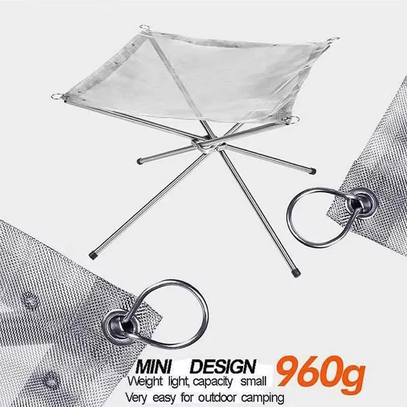 Compact Foldable Stainless Steel Fire Pit with Mesh Base and Wood Stove Holder for Outdoor Camping and BBQ
