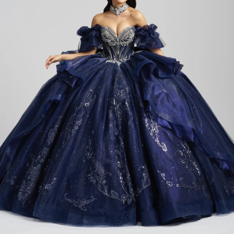 Navy Blue Glitter Quinceanera Dresses Off Shoulder Ball Gown Sweet 16 Dress Applique Beading Crystal Bow Tull Party Birthday Ves