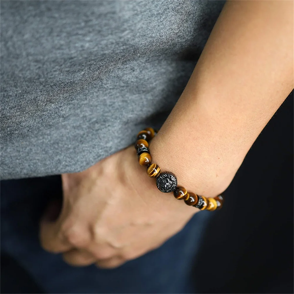 2024 New Natural Stone Bracelet Vintage Lion Head Bracelet Handmade 8MM Natural Tiger Eyes Beaded Bracelet Men\'s Jewelry Gift