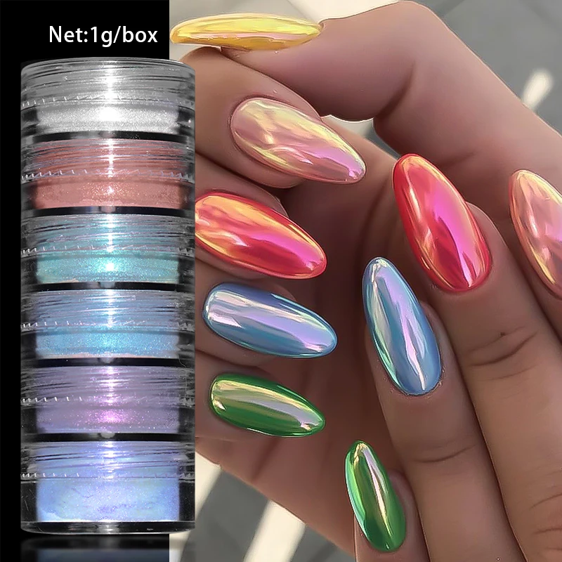 6Box/Set Pearl Chameleon Nail Powder Mirror Neon Pigment Chrome Fluorescent Effect Dust Gel Polish Nail Manicure Decorations