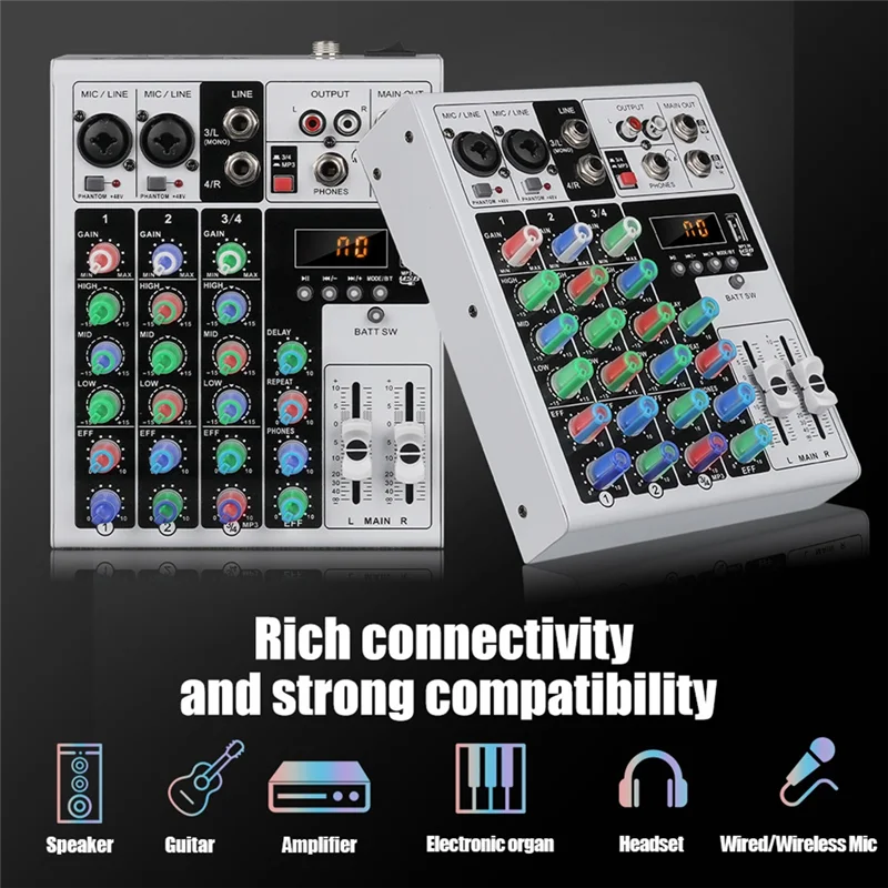 M16K-XLR Bluetooth 48V Phantom Power Audio Mixer 4 Canali Portatile DJ Karaoke Mixing Console Per PC Registrazione MP3 SPINA UE