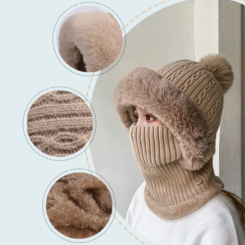 Winter Knitted Hat Scarf Mask One-Piece Plush Pompom Beanies for Women Fleece Lining Warm Bonnet Ears Neck Protection Skiing Cap