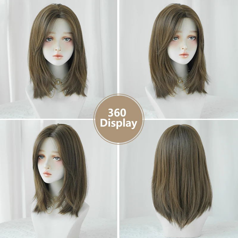 7JHH WIGS Glueless Wig Synthetic Cool Brown Bob Wig for Women High Density Short Straight Middle Part Wigs with Bangs Lolita Wig