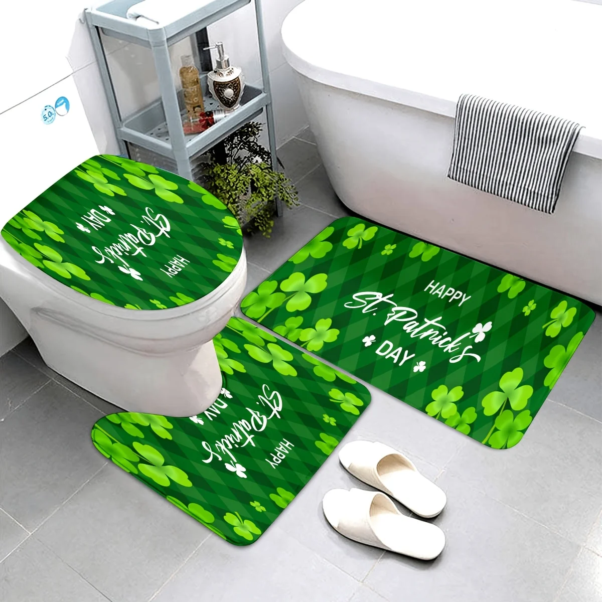 

Набор ковриков для ванной из 3 предметов ко Дню Святого Патрика, нескользящий коврик для ванной комнаты из зеленого трилистника, 100% полиэстер, можно стирать в машине