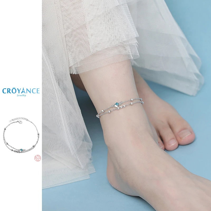 Fashion Elegant Double Layer Beaded Blue Zircon Small Fish Pendant Ankles 925 Sterling Silver Women&Girl Jewelry Exquisite Gift