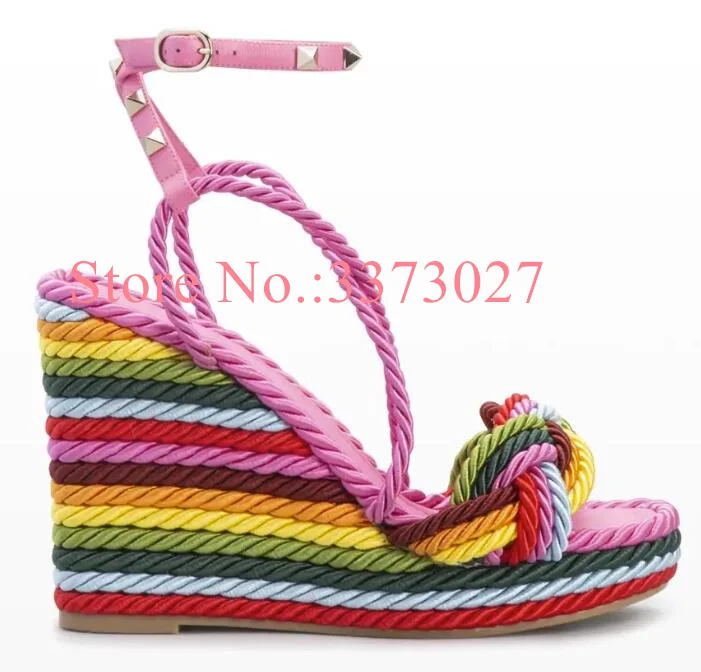 Neue bunte Seile Frau Sandalen Mode gemischte Farbe Nieten Dame Plattform Keil Schuhe sexy weibliche Kleid Sandalen Drops hip