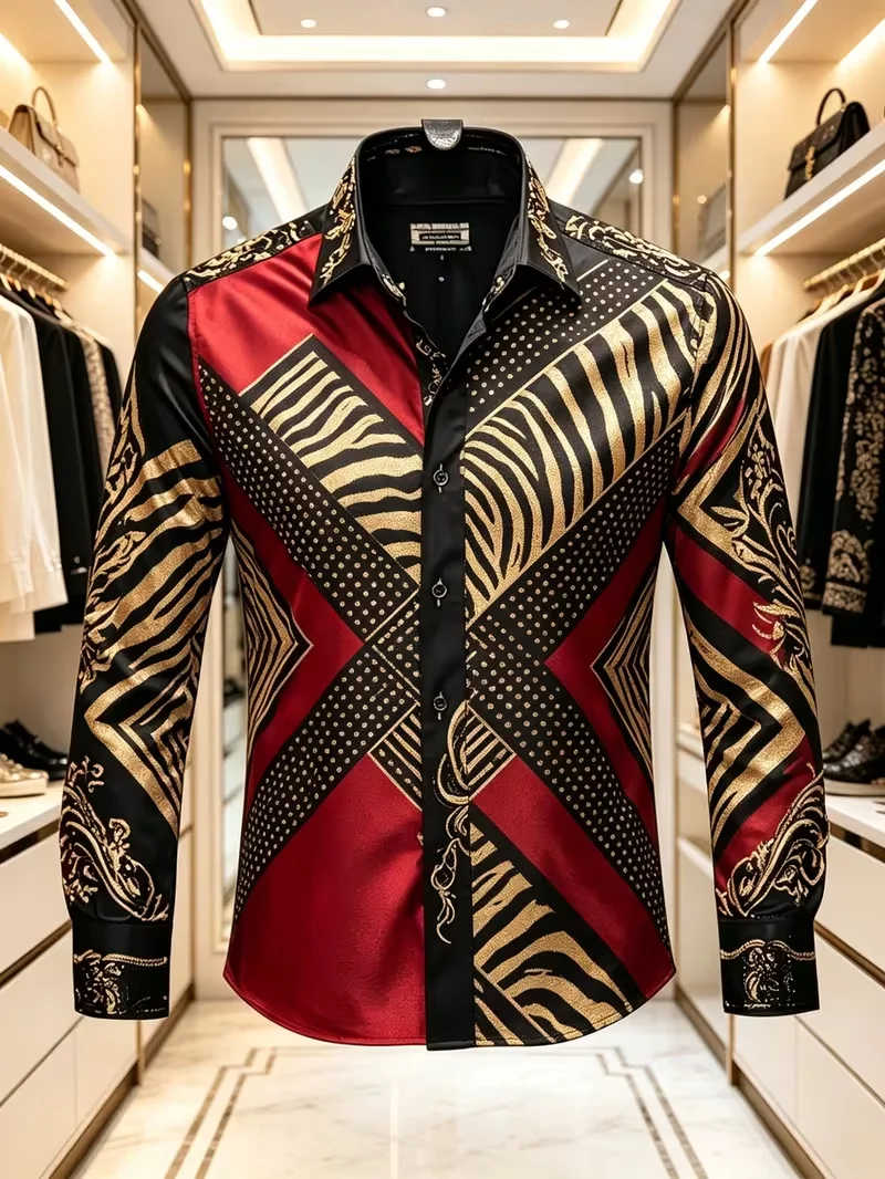 New Black Red Gold Geometric Splicing Pattern 3D Printed Long Sleeve Shirt Vintage Luxury Men's Shirt