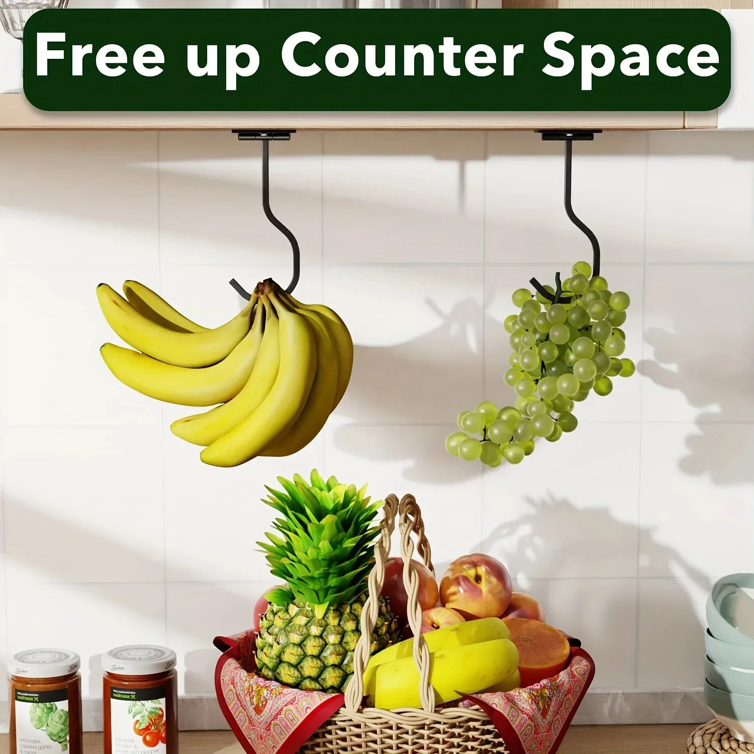 1PC Foldable Black Banana Hook - Under Cabinet Banana Holder, Self-Adhesive Banana Hanger, Heavy Duty, Saving Space, for Home view 3