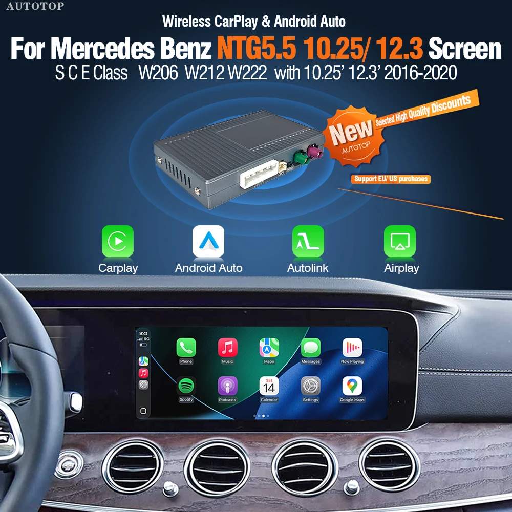 Interfaccia Wireless Apple CarPlay Android Auto AUTOTOP per Mercedes Benz NTG5.5 W213 Classe E W222 Classe S W205 Classe C W176 Classe A 8 pollici / 10,25 pollici / 12,3 pollici Retrofit Box