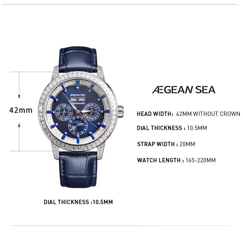 AEGEAN SEA Automatic Watch Men Leather Strap Calendar Week Date Luminous Watch Fashion Casual Men Wristwatch  Mechanical Watch