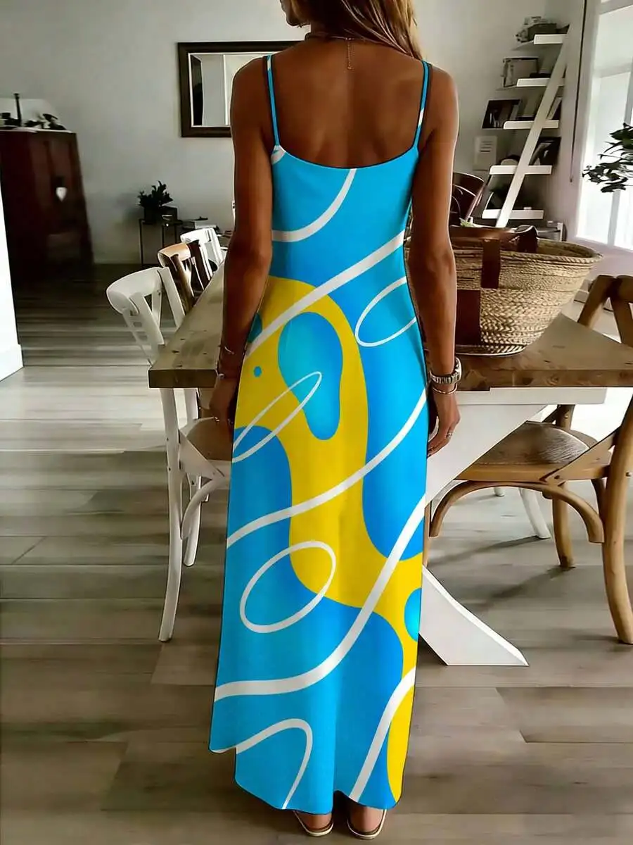 

Blue Yellow Abstract Print Sleeveless V Neck Midi Dress Women Casual Loose Fit
