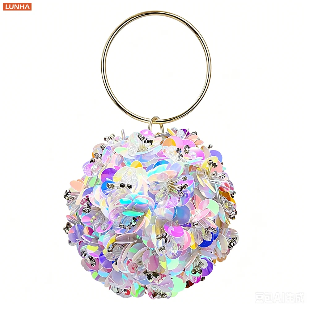 Fairy-Style Sphere Banquet Clutch Iridescent Sequin Flower Evening Bag with Ring Handle for Women Parties & Weddings