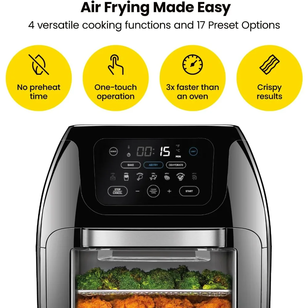 หม้อทอด Air fryer ดิจิตอลมัลติฟังก์ชั่น + โรติสเซอรี่, เครื่องอบแห้ง, เตาอบพาความร้อน, เครื่องตั้งล่วงหน้าหน้าจอสัมผัส17ชิ้นทอด, อบแห้ง