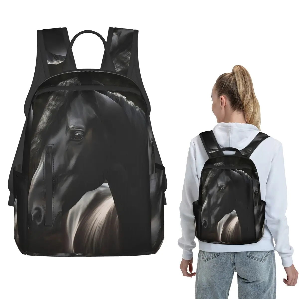 

Black Horse Stallion Ran Out In Dark Backpack Large Capacity Kids BookBag School Bag Shoulder Bags for Men Women